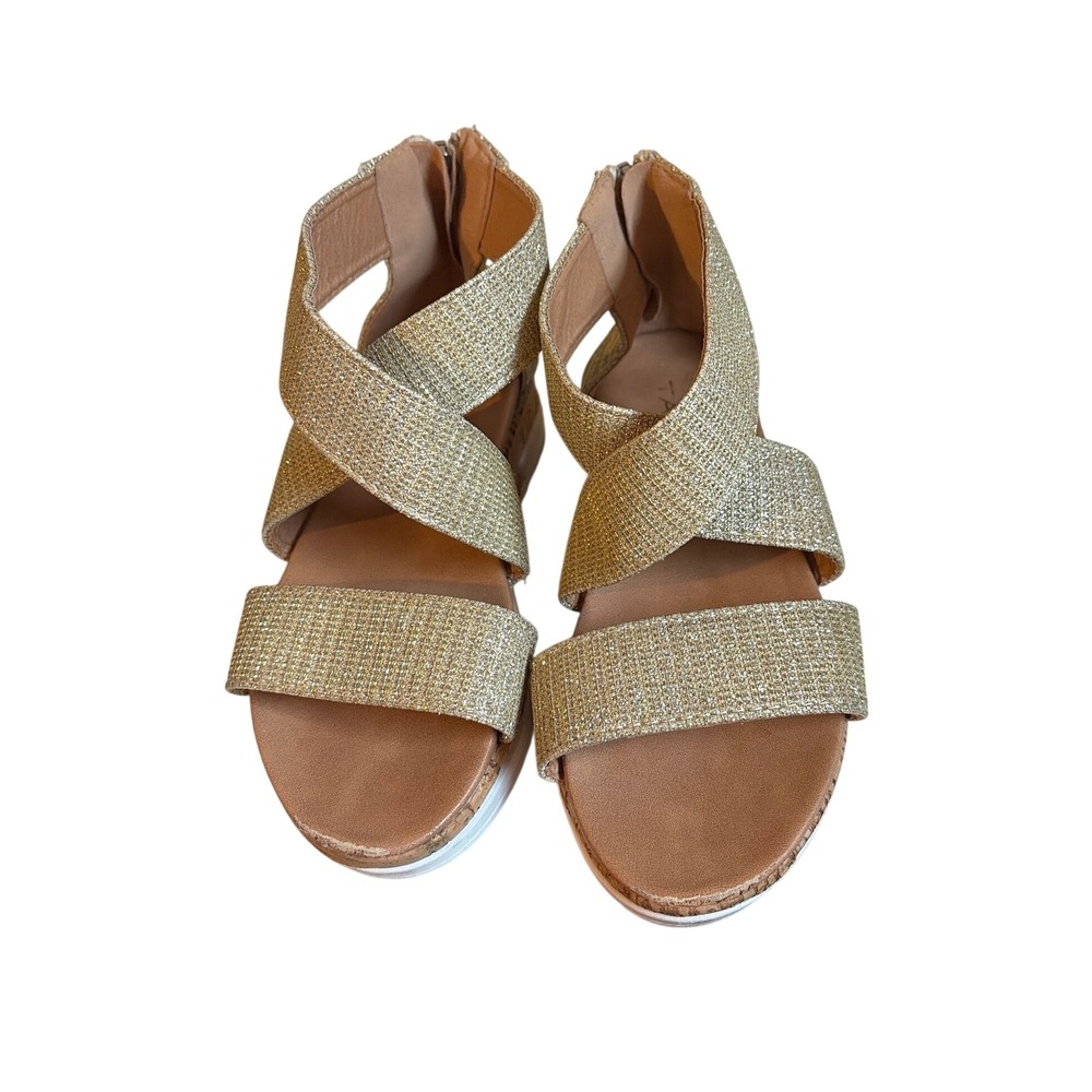 Tahari‎ Kids Gold Glitter Wedge Sandals Crisscross Straps Back Zip Size 12